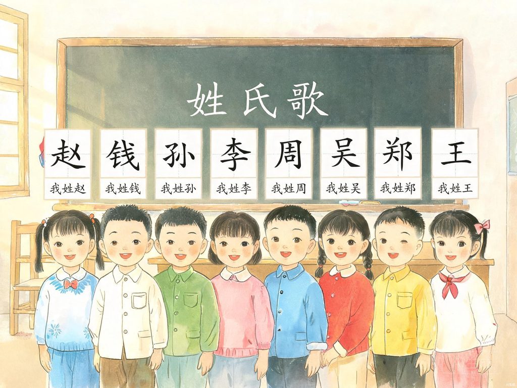 各种姓氏汉字和小朋友互相介绍的插画