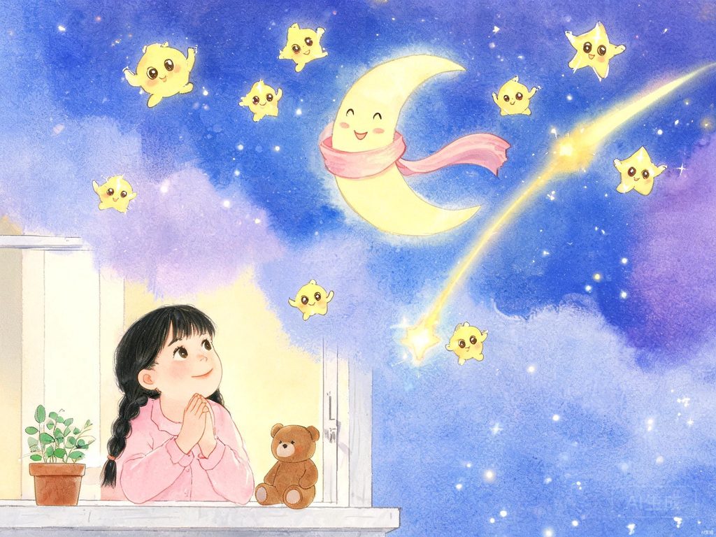 星空与仰望的孩子插画