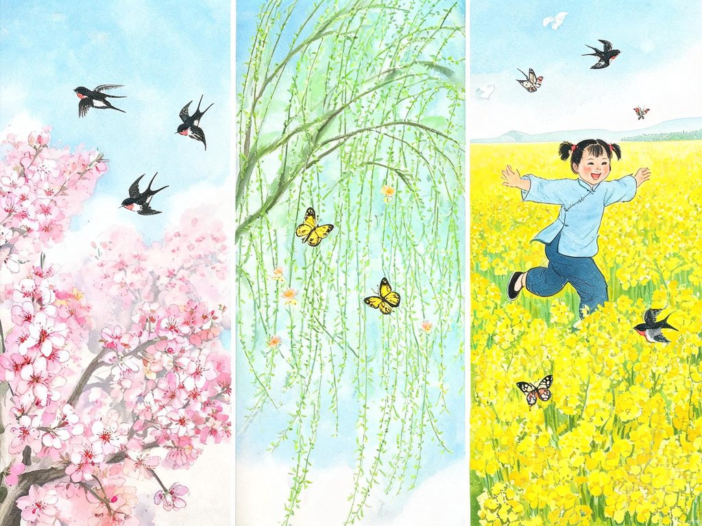 春天五彩花朵蝴蝶燕子柳树组成的画报插画