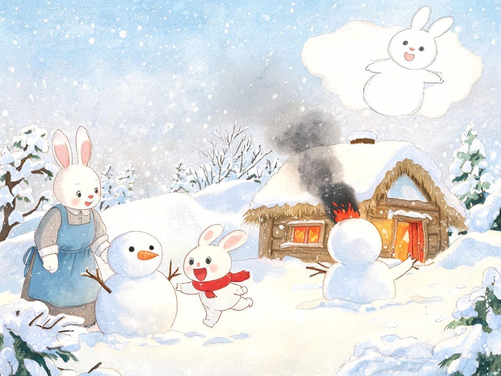雪孩子和小白兔在雪地里玩耍的插画