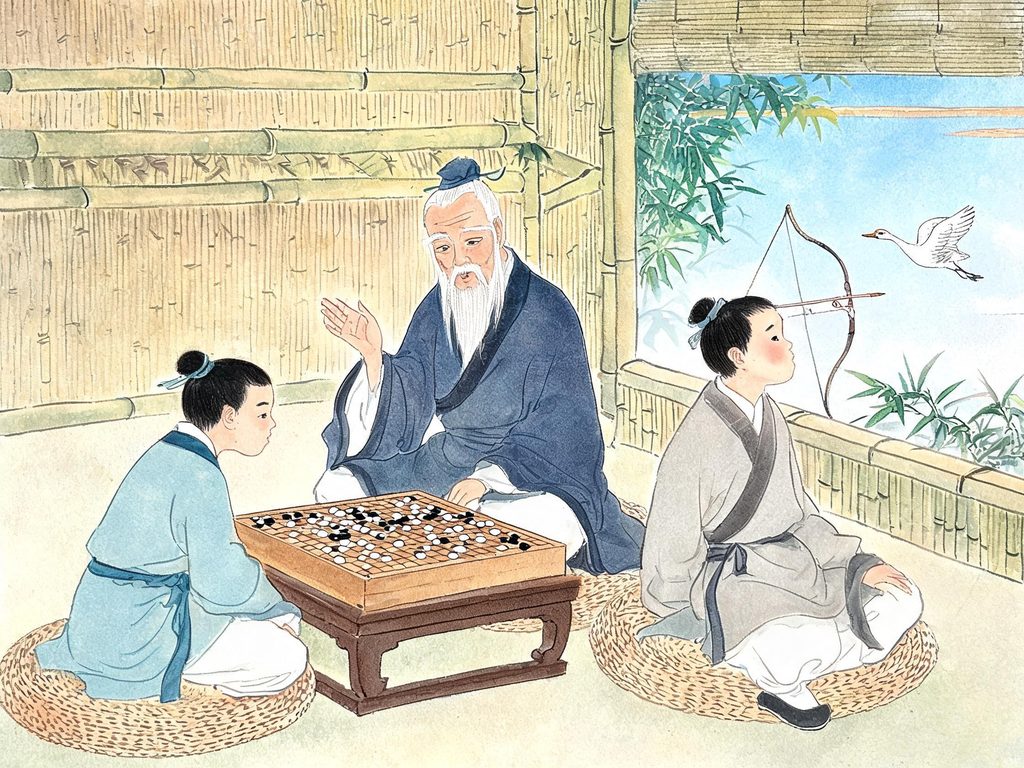 两个学生学下棋、一个专心一个分心的插画