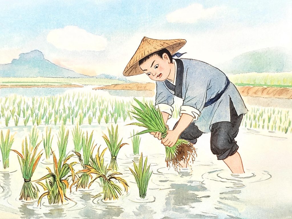 农夫拔高禾苗、禾苗枯萎的插画