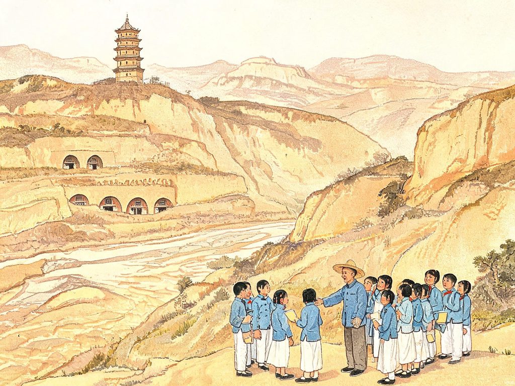 延安宝塔山、延河与窑洞的画面