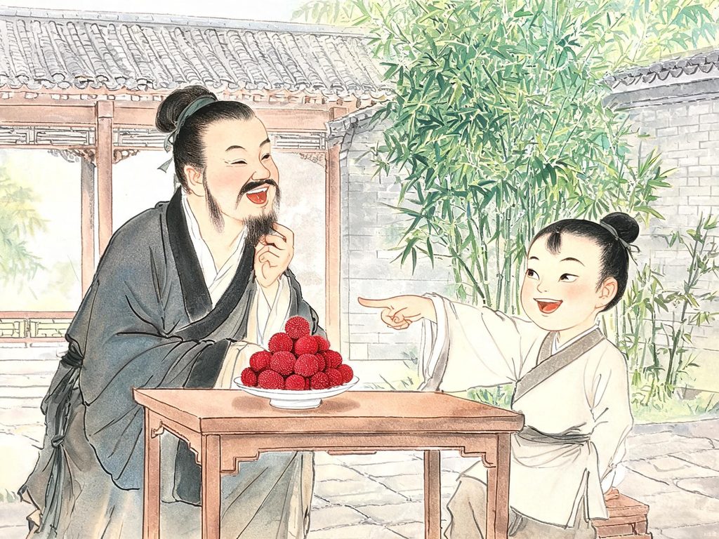 古代男童端出杨梅招待客人的插画