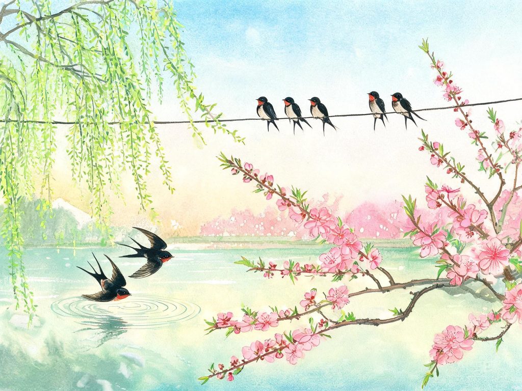 春天里燕子在柳树和花丛间飞舞的场景插画