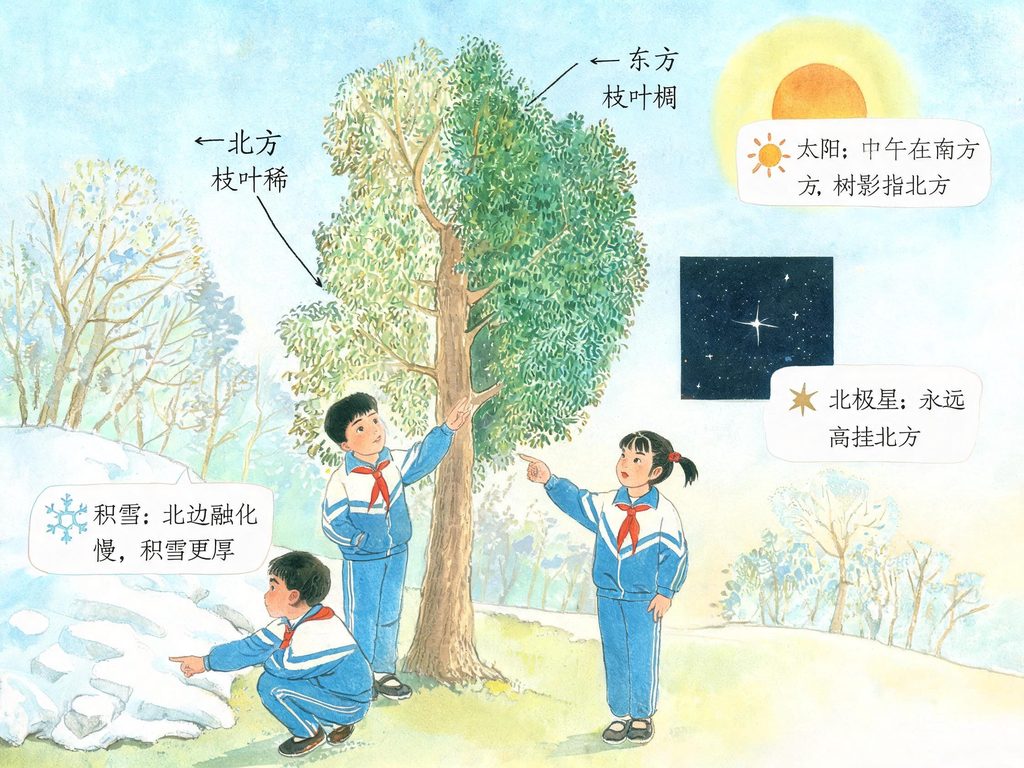 太阳、树叶、积雪等天然指南针的插画
