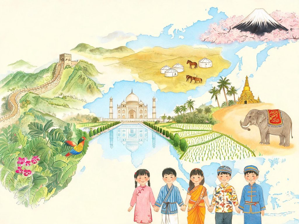亚洲地图和代表性地理景观的插画