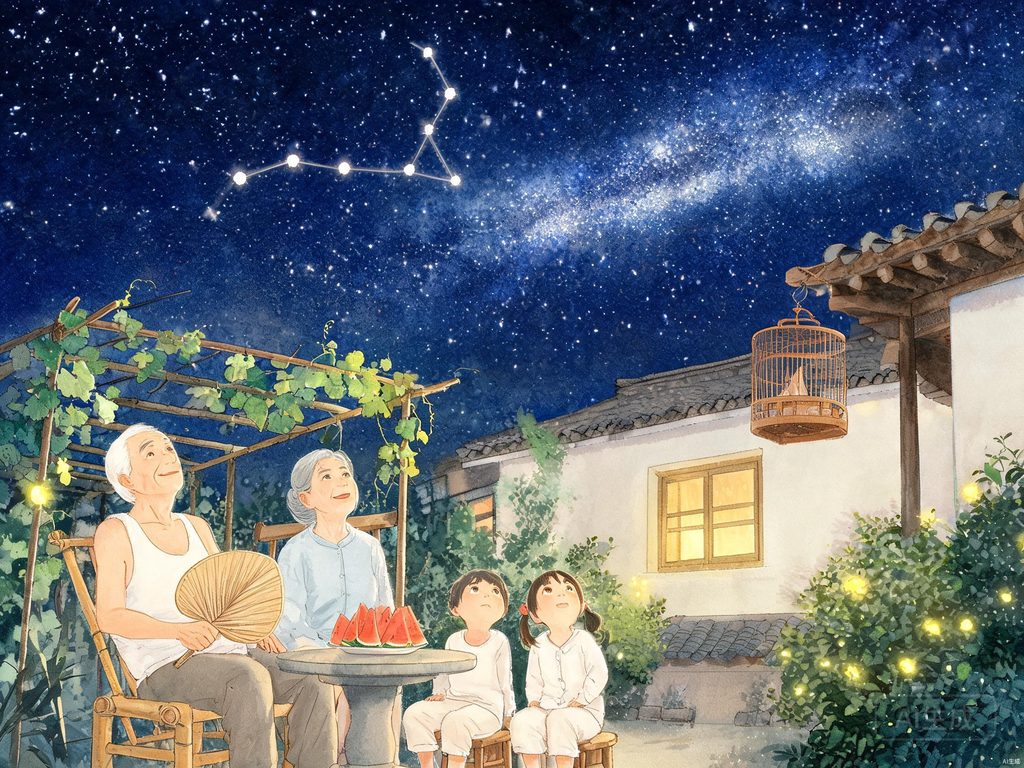 夜空繁星与孩子用望远镜观星的科学插画