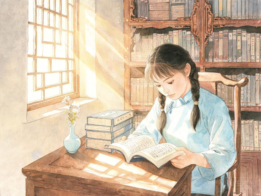 冰心回忆童年读书场景插画