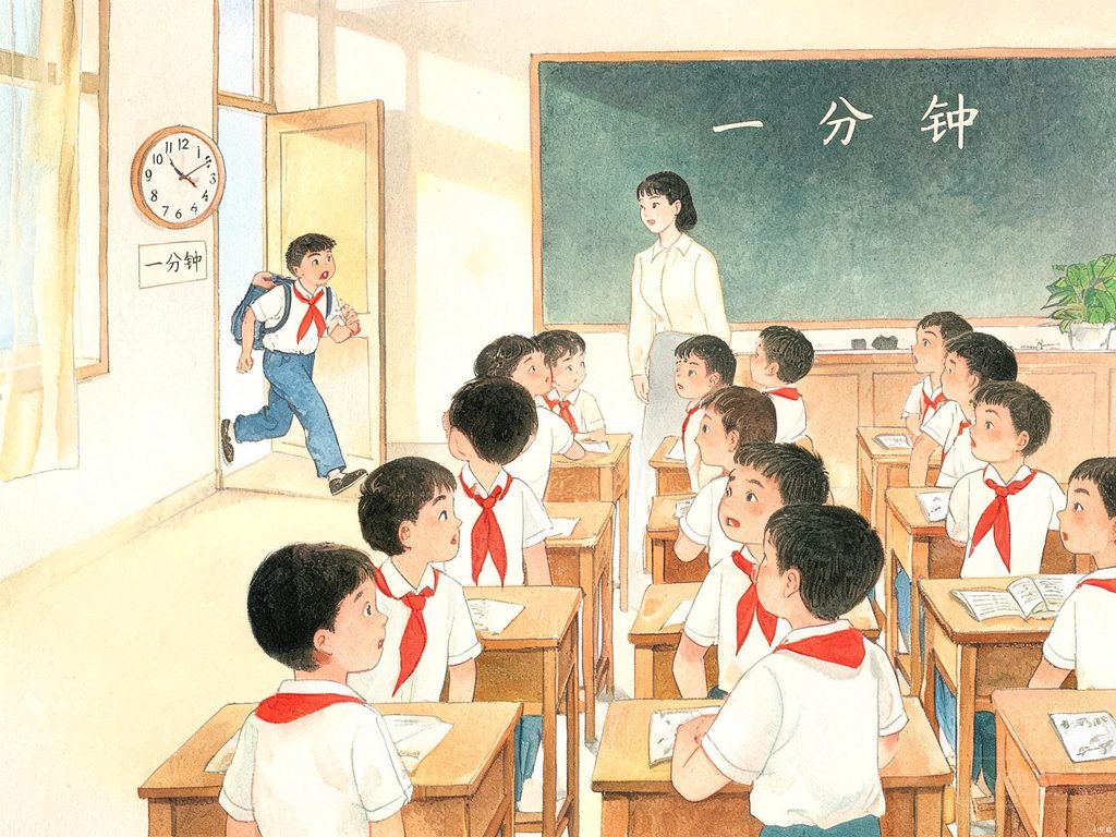 元元多睡一分钟导致迟到、后悔的插画