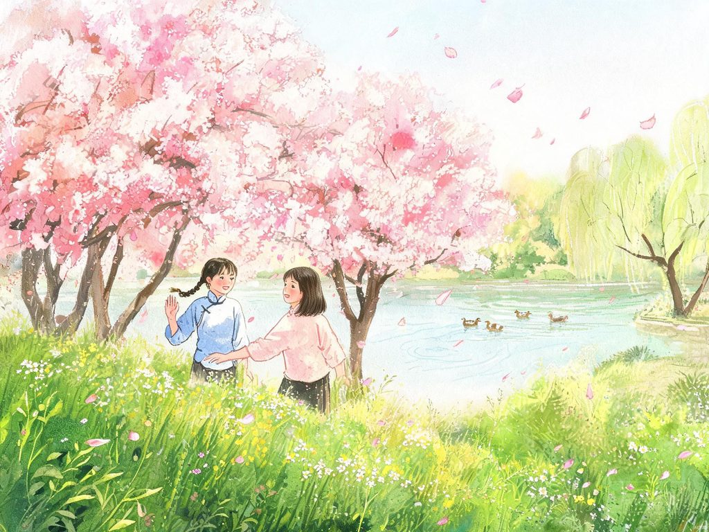 孩子在春天树下等候燕子的成长插画