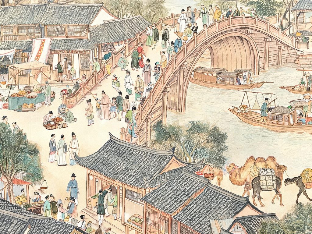 《清明上河图》局部：虹桥上人物与店铺的画面