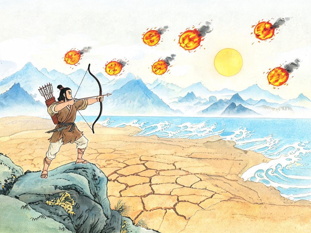 后羿拉弓射日的神话场景插画