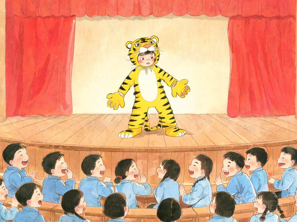 舞台上一个孩子套着老虎头套表演的插画