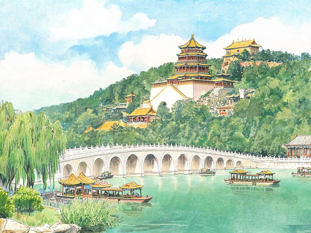 颐和园长廊和昆明湖插画
