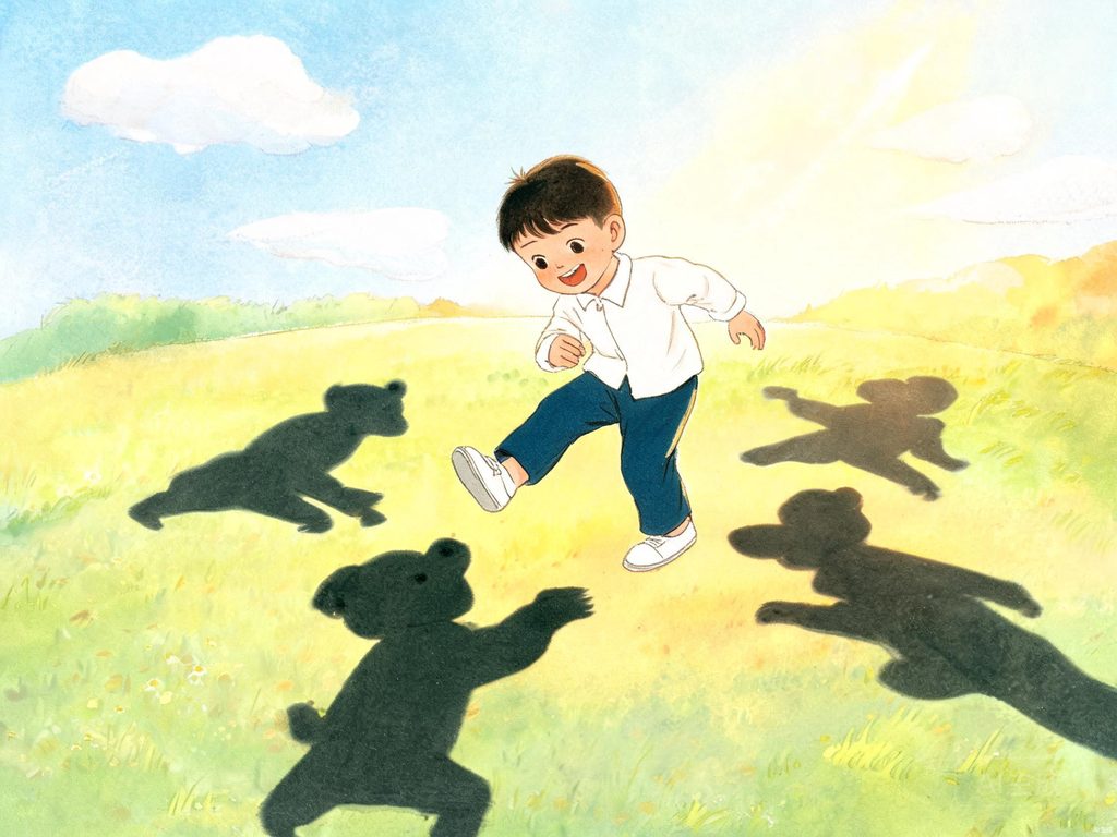 小朋友和影子的插画，阳光从不同方向照射