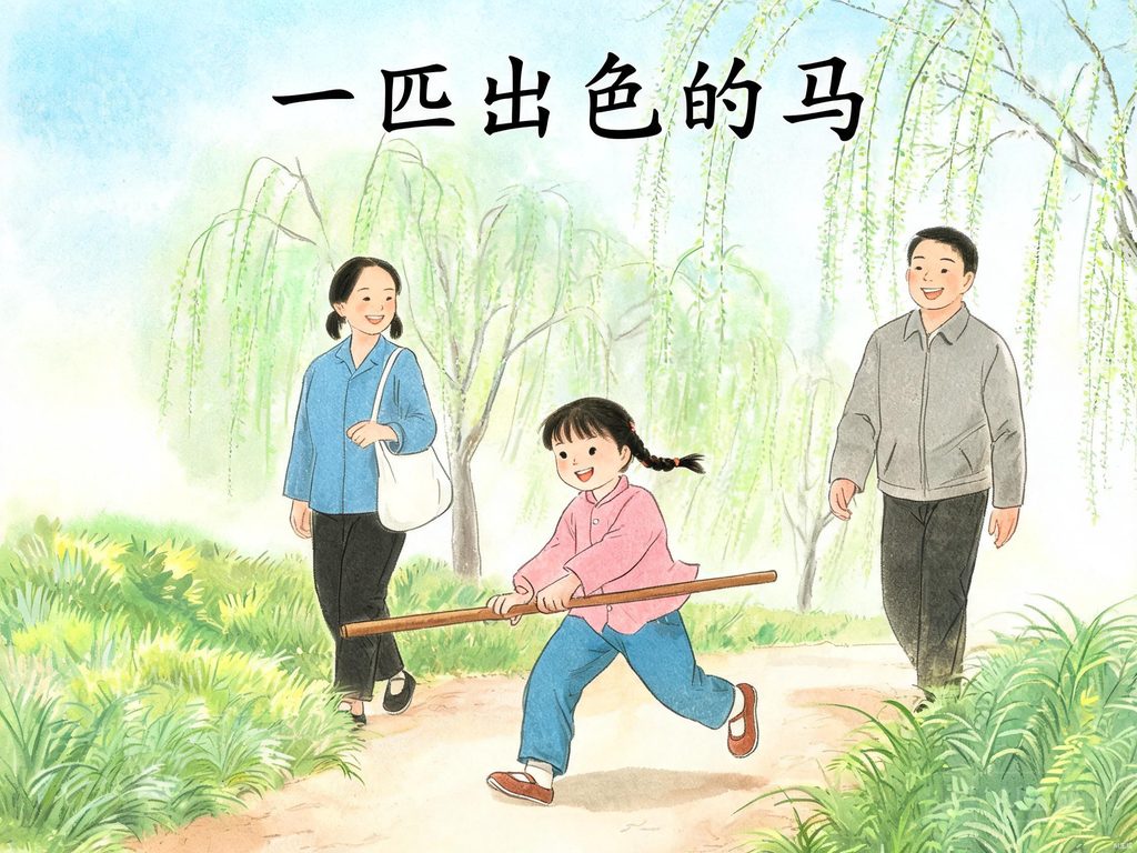 妹妹骑着柳枝"马"快乐回家的插画