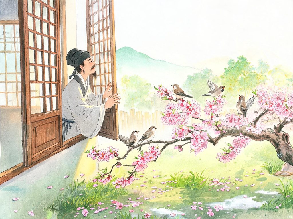 春日清晨窗外落花与鸟儿插画