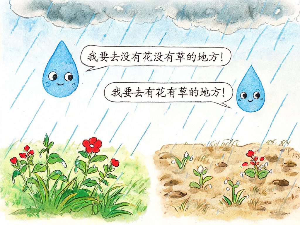 大雨点儿和小雨点儿从云中落下，浇灌花草的插画