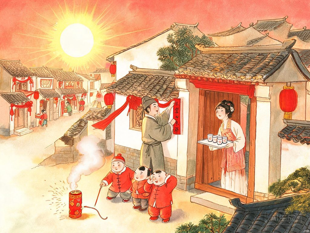 古代春节放爆竹、喝屠苏酒插画
