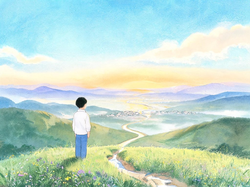 远方铁路与眺望的孩子插画