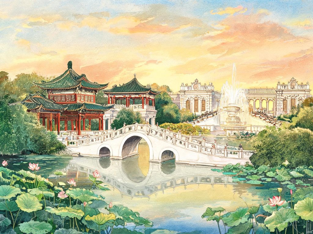 圆明园遗址柱石与晚霞插画