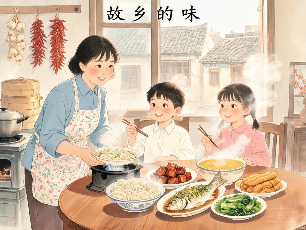 故乡老屋炊烟与家乡饭菜插画