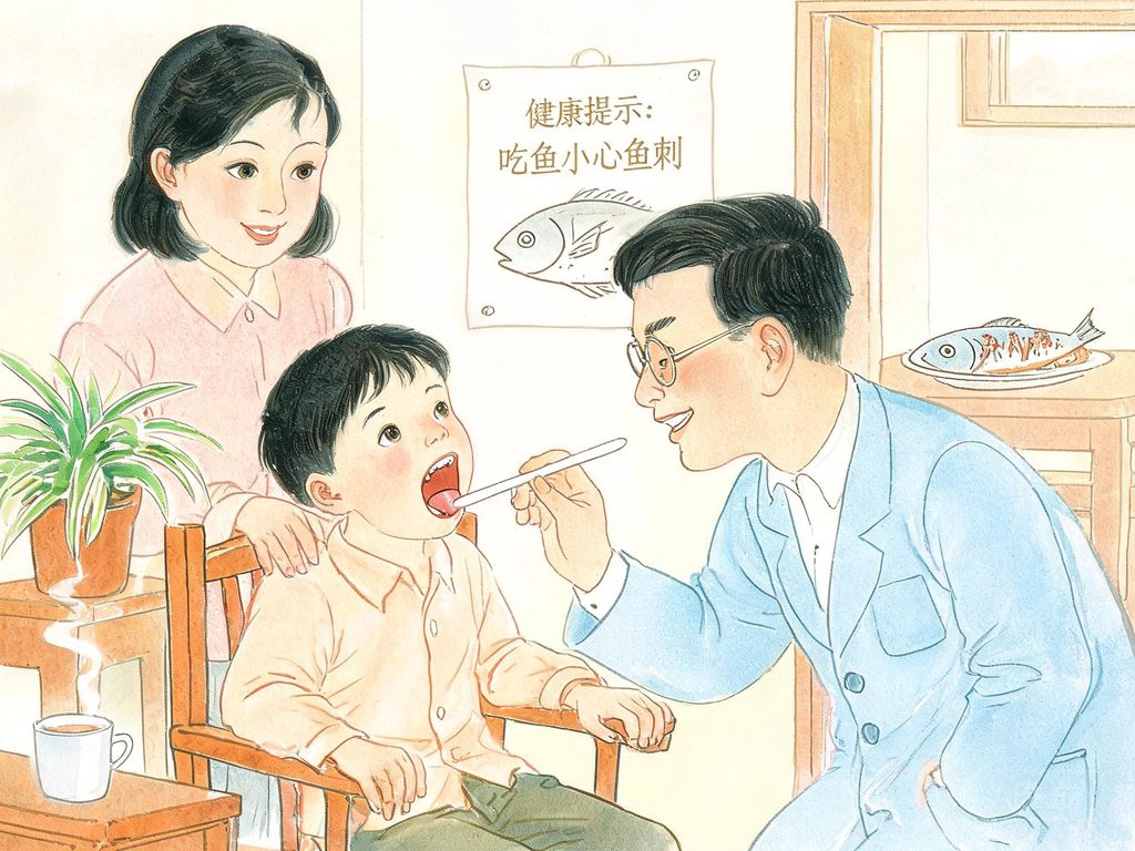 孩子吃鱼卡到刺去看医生的插画