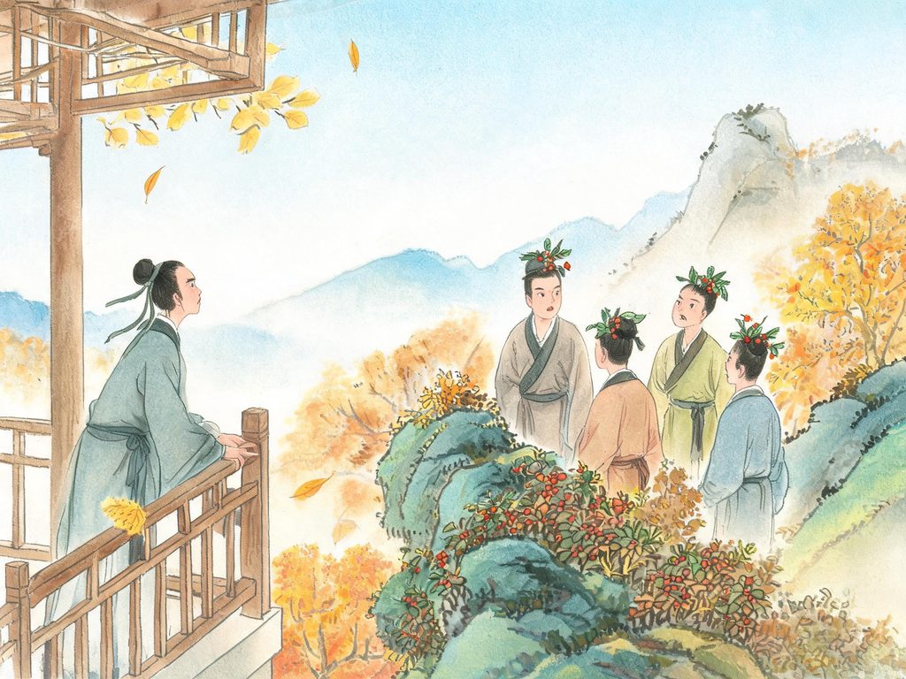 中秋夜里月亮在院子、窗台和河边的轨迹插画