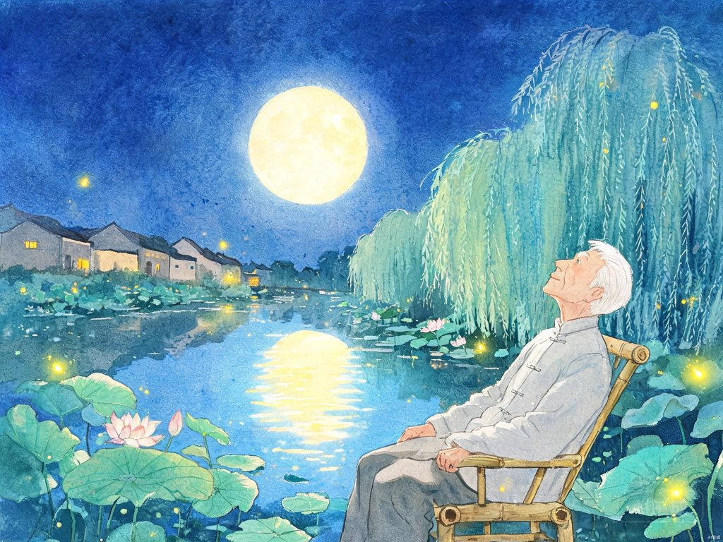 故乡苇坑明月与异国他乡月亮对比插画