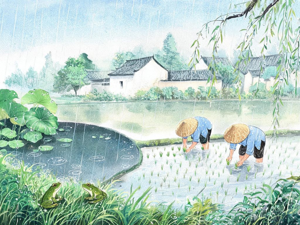 春雨落在嫩芽屋檐与小河上的清新插画