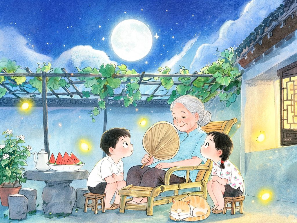 月夜下老树下摇着蒲扇讲故事的温馨插画