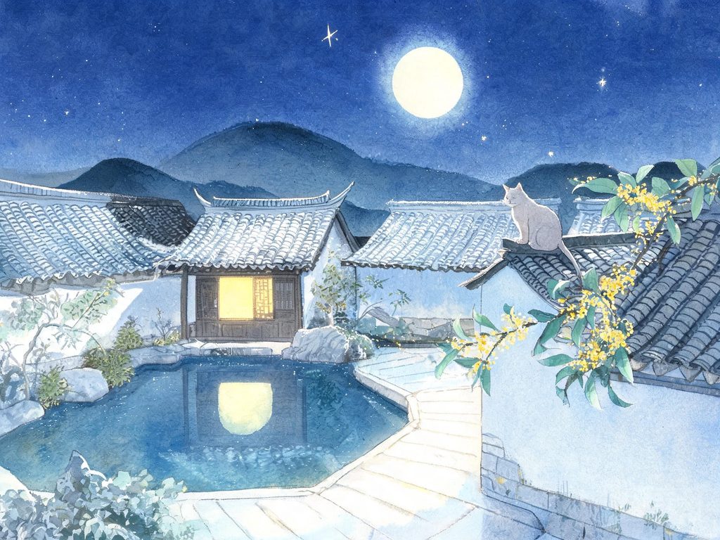 月光照在湖面上泛着银光的插画