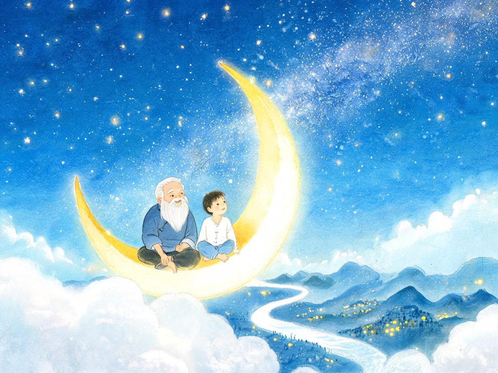 月亮变成小船载着孩子飞过夜空插画