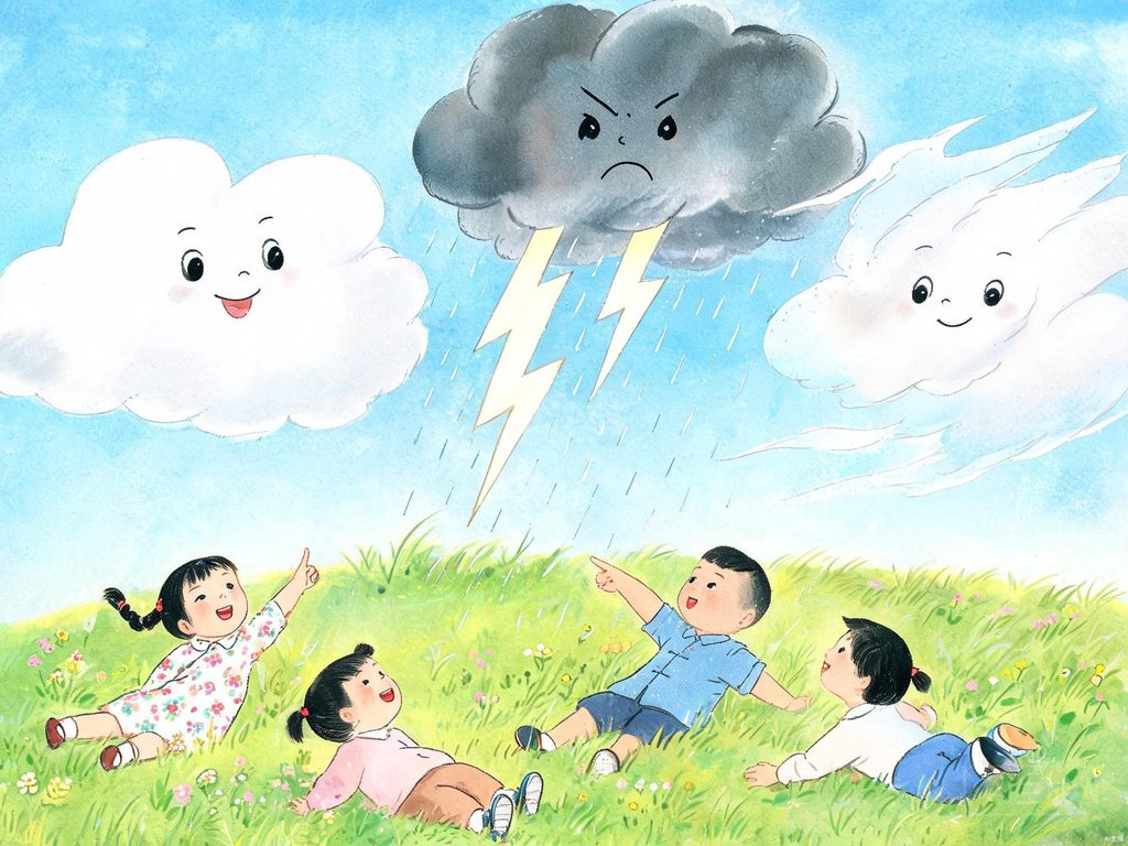蓝天白云下孩子仰望天空的插画