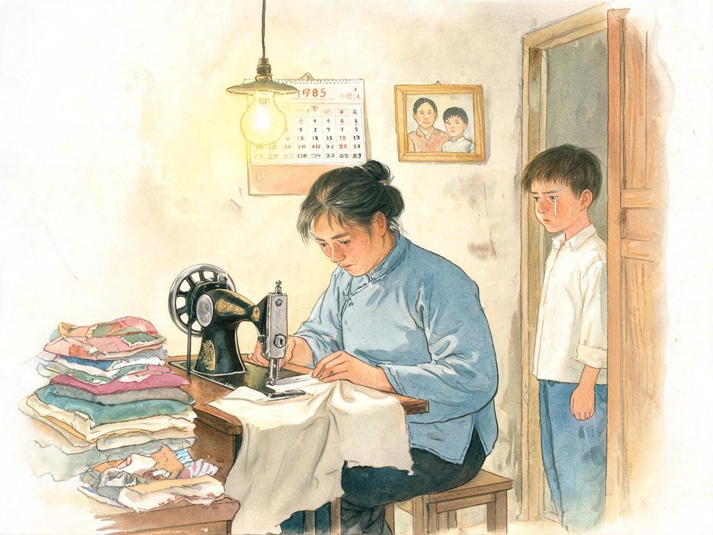 纺织厂母亲工作的场景、母亲给钱买书插画