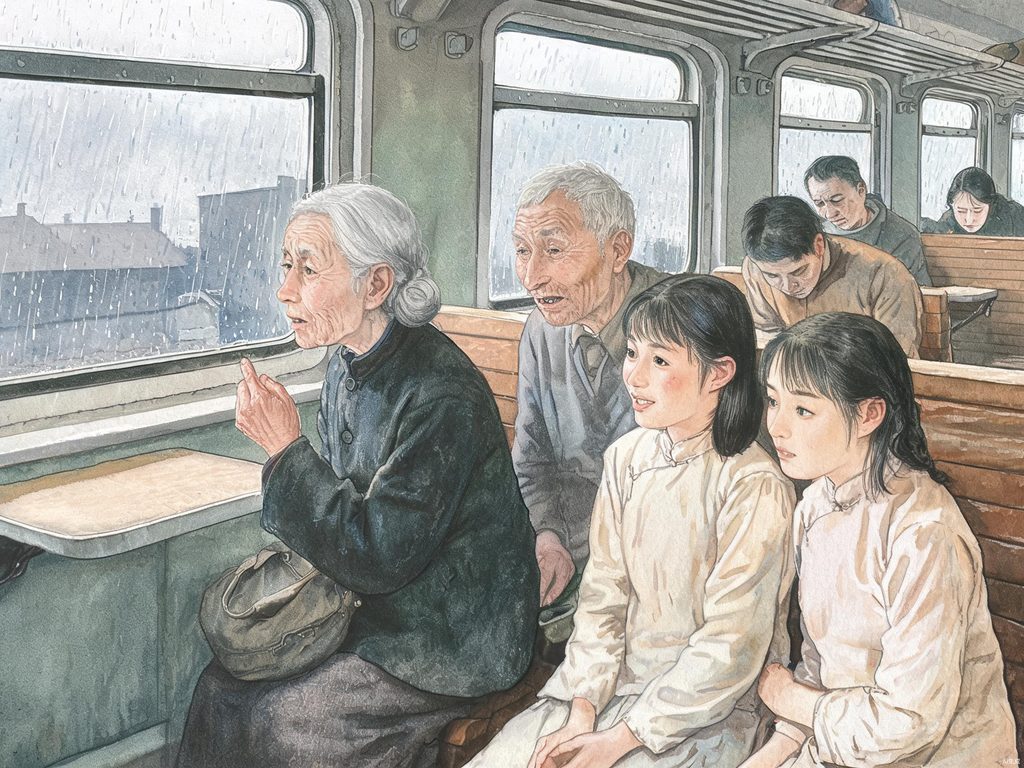 一战时柏林火车车厢里老兵与老妇人的插画