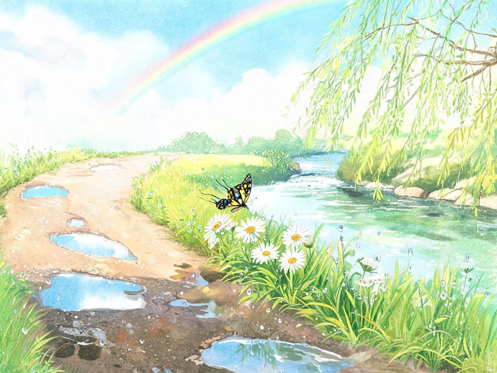 雨后泥路小草凤蝶与新阳的画面