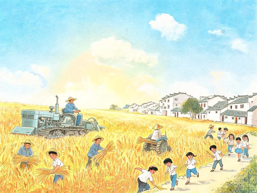 金色田野上农民劳作与新农村景象插画