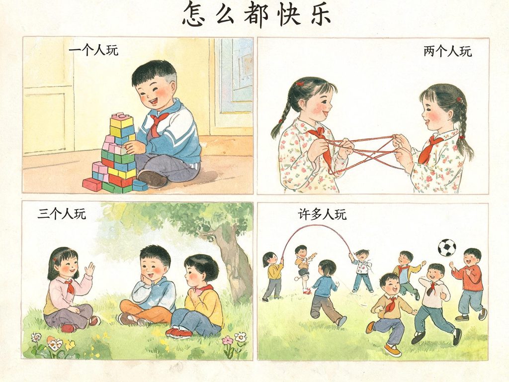 几个小朋友在草地上跳绳、踢毽子、讲故事，每个人脸上都带着笑