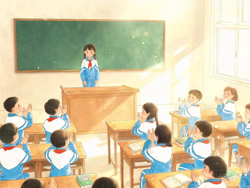 一个女孩站在讲台上，台下同学鼓掌欢迎