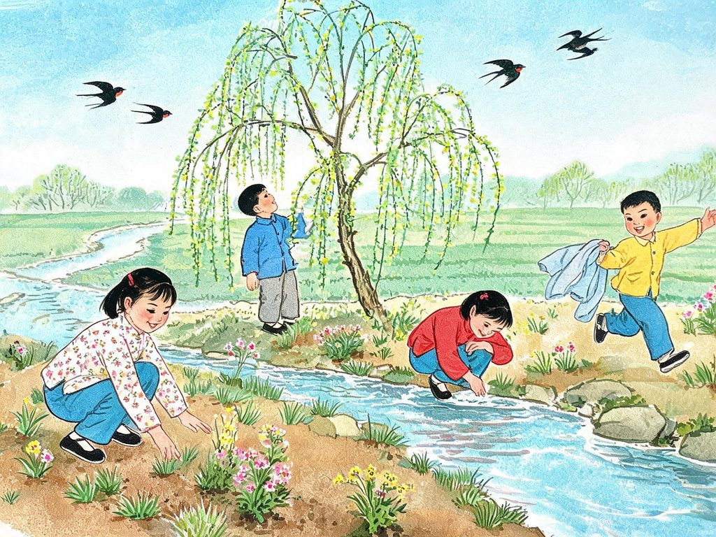 孩子们在田野里寻找春天的插画，嫩芽、桃花、小溪解冻