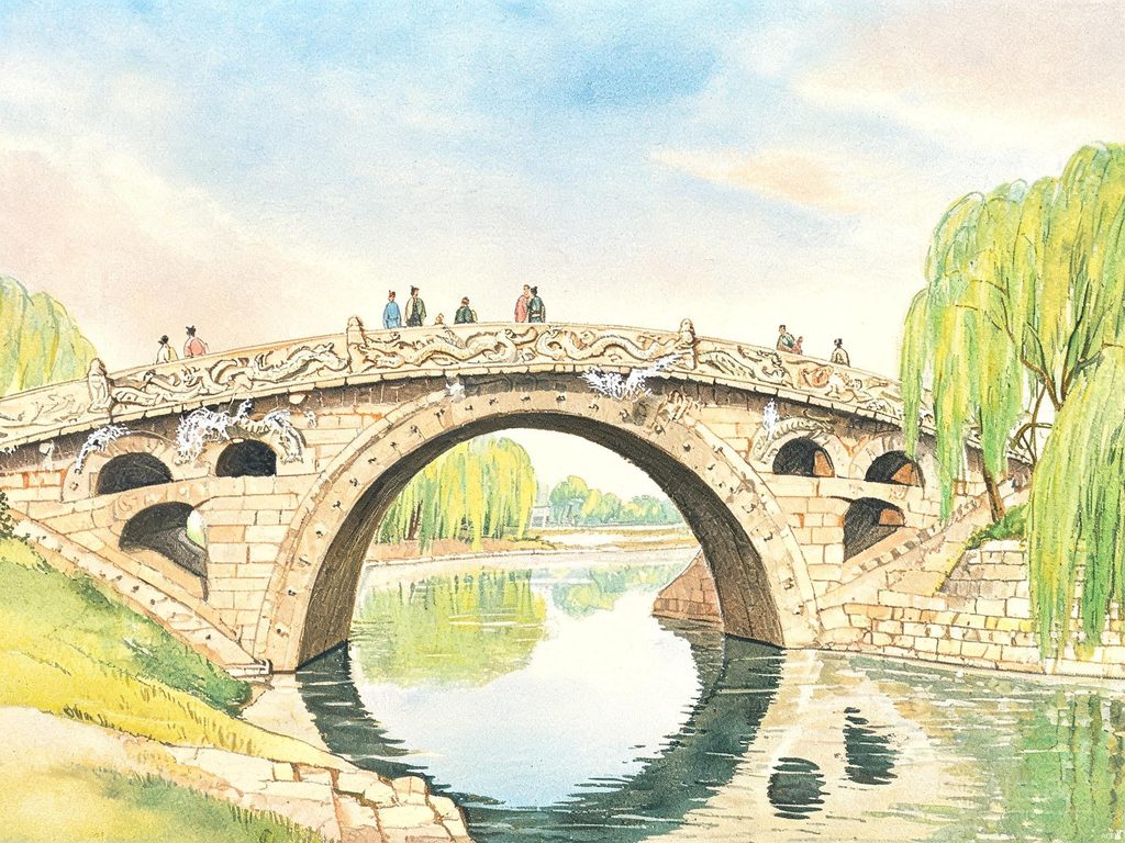 赵州桥和河流插画