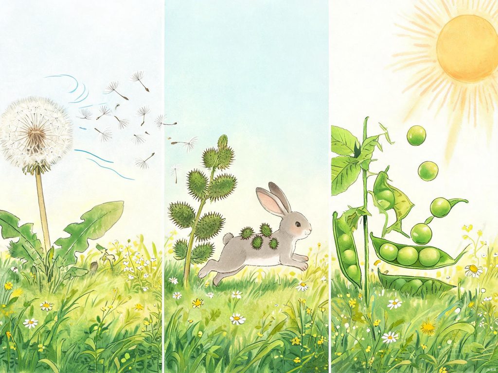 蒲公英、苍耳、豌豆三种植物传播种子的插画