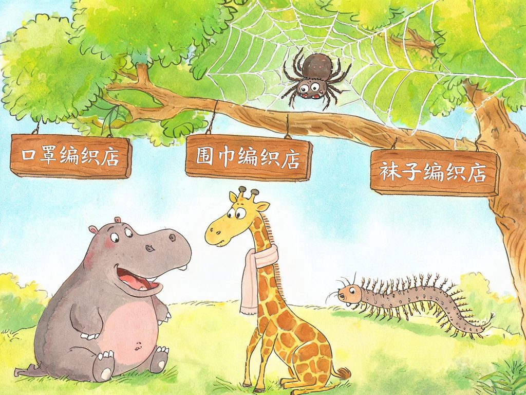 蜘蛛在树上挂招牌开店的插画