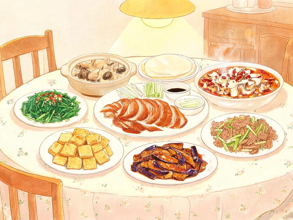 各种中国美食和烹饪方式的插画