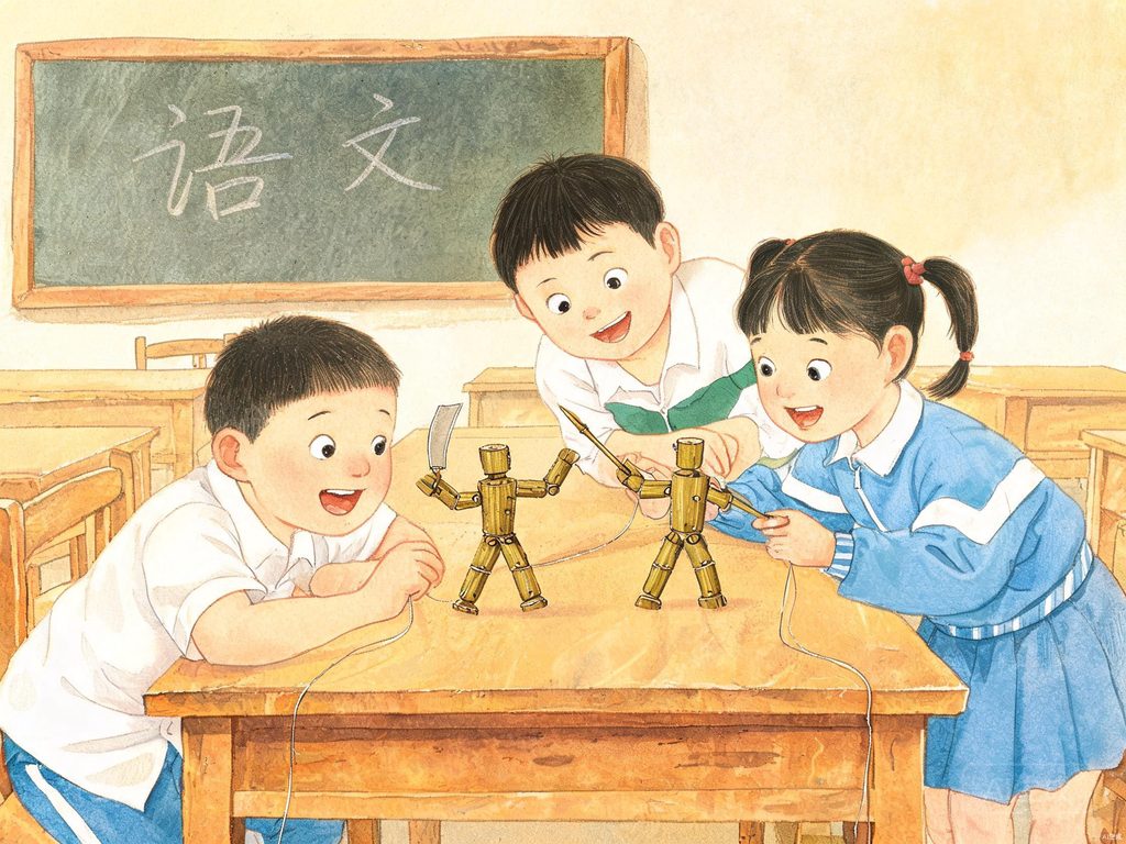 课桌上斗竹节人的童趣插画