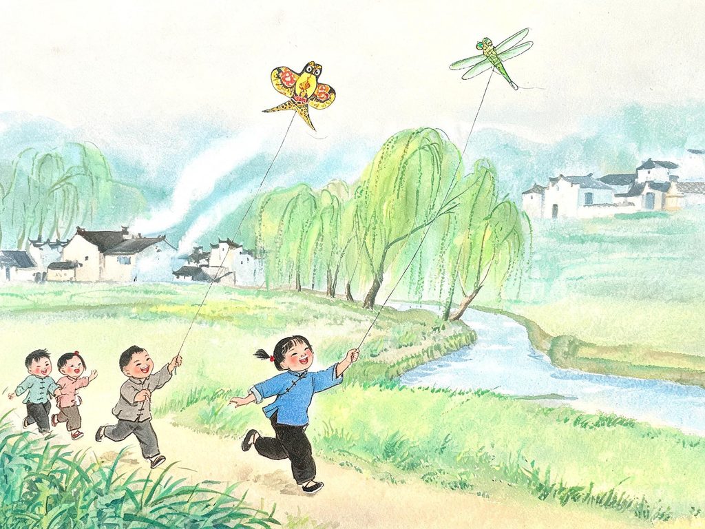 春天的乡村，杨柳依依，几个孩子放学后在田野里放风筝