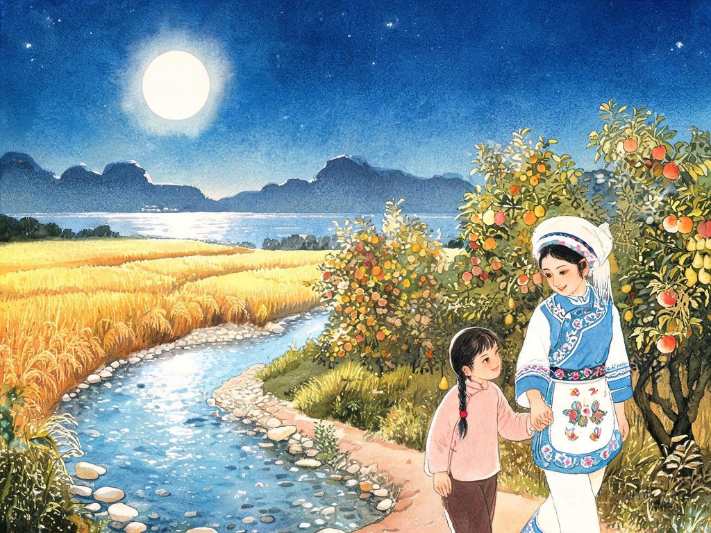 月光下母女溪边散步插画