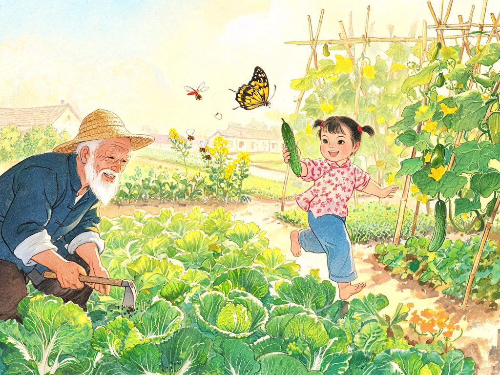祖父园子里孩子追蜻蜓的欢乐插画